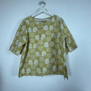 Chalet et ceci Womens Button-Back Blouse Large Linen/Cotton Circle Print Yellow